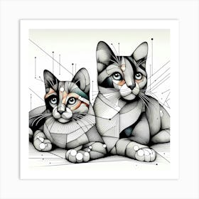 Cat Sisters - Abstract Line Art Illustration 9 Art Print