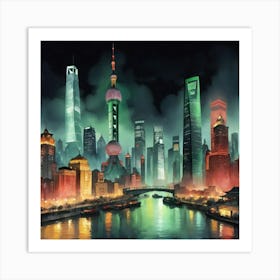 Shanghai City In Night View Art Print