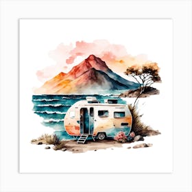 Watercolor Camper On The Beach Art Print