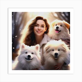 Three Dogs With A Girl Art Print