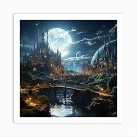 Dragonextinction A City With Water Bridges And Planets In The S 65cebcef 301c 4baf 86db Ada2bcdf55dd Art Print