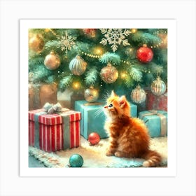 Festive Kitten by the Christmas Tree Art Print