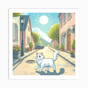White Cat On The Street Art Print