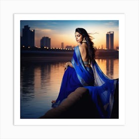 Beautiful Indian Woman In Blue Sari Art Print