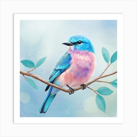 Colorful Bird With Blue And Pink Feathers Perched On A Branch Art Print