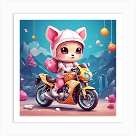 Kawaii Kitty On A Motorcycle Art Print