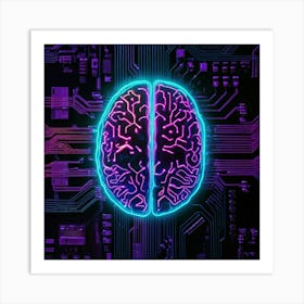 Neon Brain On Circuit Board Art Print