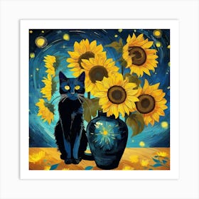 Black Cat With Sunflowers Art Print