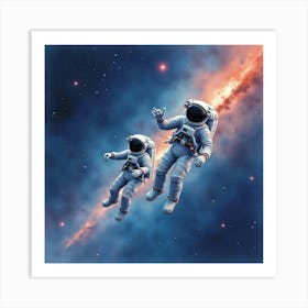 Watercolor Astronauts Floating In Space Surrounded By Distant Stars And Nebulae 1 Art Print