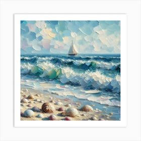 Seashells On The Beach And Sailboat Near The Horizon, Acrylic Painting Style Art Print