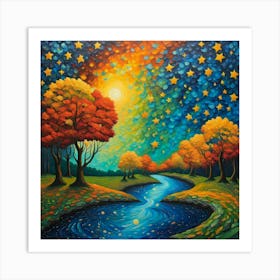 Starry Serenade: A Whimsical Landscape Under a Radiant Sky Art Print