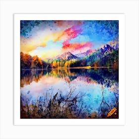 Craiyon 002709 Digital Watercolor Of Mountain Lake Landscape In Autumn Art Print