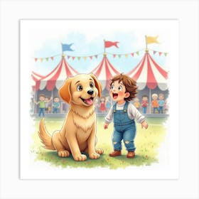 A Labrador Puppy And A Child Having Fun At A Carnival, Watercolor Art Print