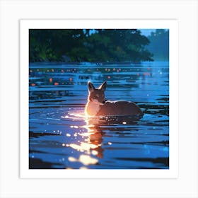 Fox In The Water Art Print