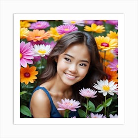 Beautiful Asian Girl In Flowers Photo Art Print