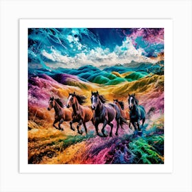 Horses Galloping Through Breathtaking landscape Fusion Of Abstract Color Splash Art Print Art Print