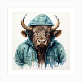 Watercolour Cartoon Buffalo In A Hoodie 3 Art Print