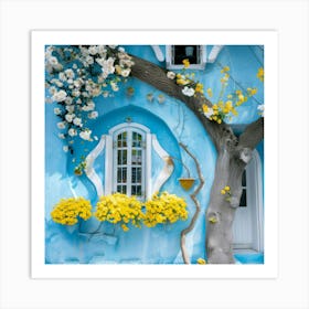 Blue House With Yellow Flowers Art Print