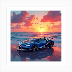 Bugatti Chiron Pur Sport In A Colorful, Watercolor Sunrise Over Ocean Art Print