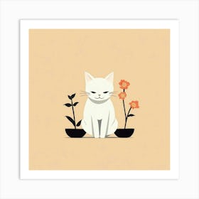 White Cat With Flowers 2 Art Print