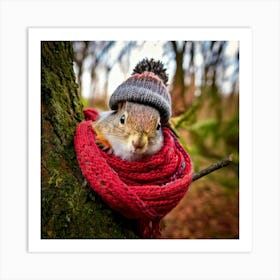 Firefly Squirrel, Closeup, Cute, Knitted, Hat, Scarf, Branch, Tree, Autumn, Cozy, Woodland, Nature, (11) Art Print