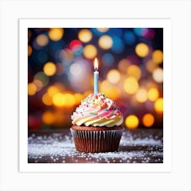 Birthday Celebration Cupcake Adorned With Vibrant Hued Frosting Single Candle Alight Casting A So (2) Art Print