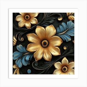 Gold And Blue Floral Pattern Art Art Print