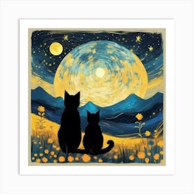 van gogh Cats In The Moonlight Art Print