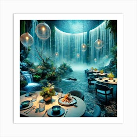 A Tranquil Water Themed Dining Area With Cascading Art Print