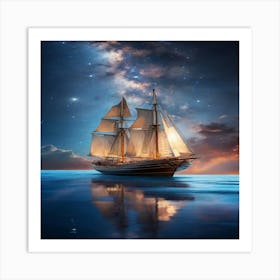 Sailing Ship At Night Art Print