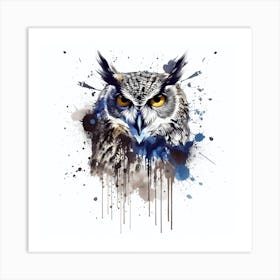 Vibrant Owl With Blue Ink Splash Effect Art Print