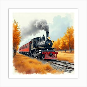 Rustic Locomotive Traveling Through A Watercolor Painted Autumn Valley 1 Art Print