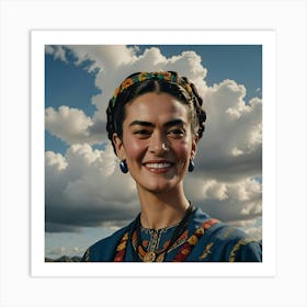 Frida Kahlo smiles with clouds background Art Print