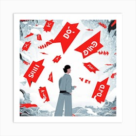 Abstract Illustration Of A Human Figure Pondering In A Sea Of White With Vivid Red Caution Signs Ch (1) Art Print