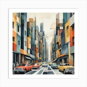 A chaotic Cubist City Street With Overlapping Buildings, Vehicles, and Pedestrians, Painting Art Art Print