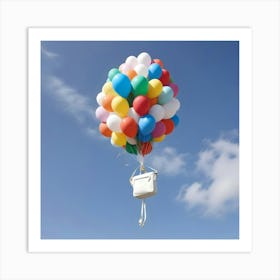 A White Handbag Lifted Into The Sky By A Bunch Of Colorful Balloons Against A Blue Sky And Fluffy Clouds Art Print