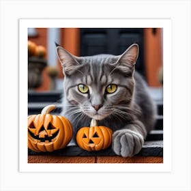 Cat With Pumpkins Art Print