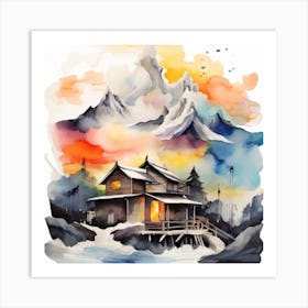 Abstract painting snow mountain and wooden hut 4 Art Print