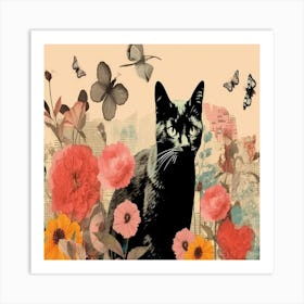 Black Cat In Flowers Art Print