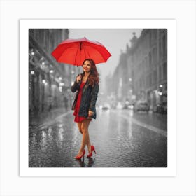 Beautiful Woman In Rain With Red Umbrella Art Print