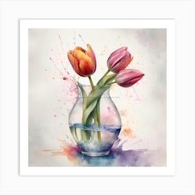 Watercolor Tulips In A Vase Art Print