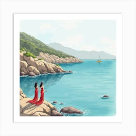 Watercolor Sirens Singing On Rocky Greek Shores 1 Art Print