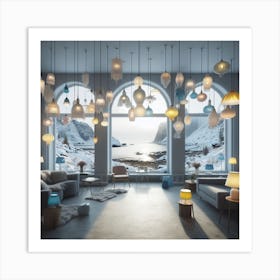 Living Room With Hanging Lamps and winter sea view Art Print