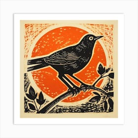 Retro Bird Lithograph Blackbird 2 Art Print