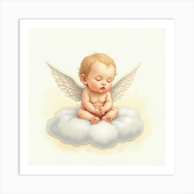 Baby With Angel Wings Sitting On A Cloud In A Soft Watercolor Scene Art Print