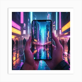 A hand holding a smartphone displaying a vibrant cityscape at night while illuminated streets and digital billboards create a neon atmosphere Art Print