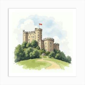 Watercolor Scene Of The Barnard Castle In County Durham, Showcasing Its Medieval Design And Scenic Location Art Print