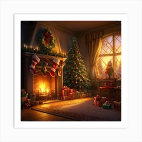 Cozy Christmas Eve Crackling Fireplace Casting A Soft Glow On The Elaborate Decorated Tree Toys Su (1) 2 Art Print