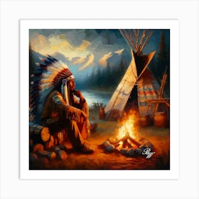 Oil Texture Native American Indian By A Campfire 2 Copy Art Print