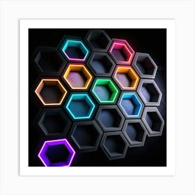 Hexagonal shapes with neon lights, futuristic, cyberpunk, background 5 Art Print